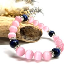 キャッツアイ(ピンク)×ブルータイガーアイ パワーストーン ブレスレット  (シルバー) メンズ・レディース　男性・女性　数珠ブレス 開運 [23]