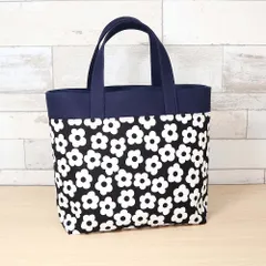 切り替え 北欧風 モノクロ花柄ブラック×ネイビー マチあり ポケット付き ミニトートバッグ ランチバッグ　サブバッグ　ミニバッグ ハンドメイド