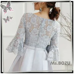 【新品】【光沢が美しいサテン生地＆薔薇モチーフのレースフレア袖がお呼ばれにぴったりのワンピースドレス♡】 結婚式 演奏会 発表会 二次会 舞台衣装 パーティードレス ワンピース フォーマル オケージョン 個性的 ミモレ丈 グレー XL