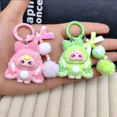 2個セット ラブブ Labubu キーホルダー ミニ ポンポンリボン付き
