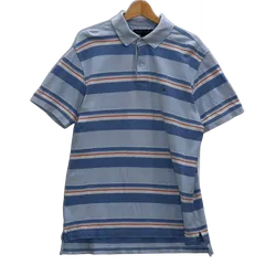 TOMMY HILFIGER/トミーヒルフィガー ボーダー柄 半袖 ポロシャツ ワンポイントロゴ刺繍 インドネシア製 メンズ M ブルー