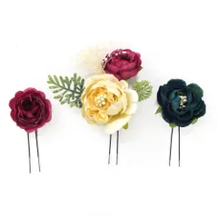 髪飾り 成人式 赤 振袖 前撮り 袴 3点セット 花 青緑 浅葱色 オフホワイト 臙脂 かすみ草 リーフ 葉 Uピン スモーキーカラー No.9-5158