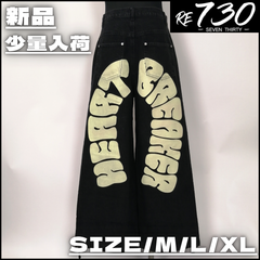 【新作】【RE730／アールイーセブンサーティー・バックアーチロゴデニムパンツ（ブラック）】ストリートファッション HIPHOP ラッパー B-BOY 古着MIX M L XL ワイドデニム メンズライク ユニセックス 新品未使用 少量入荷 52288