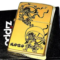 ZIPPO ライター 風神雷神 和柄 ジッポ 鏡面ゴールド 彫刻 黒差し 金タンク 金 黒 おしゃれ かっこいい 渋い お守り 神様 メンズ ギフト プレゼント
