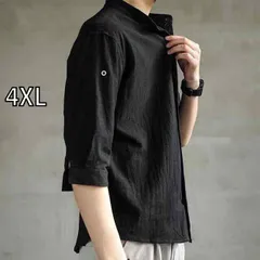[4XL] メンズ ファッション 服 男性用 オシャレ シンプル 大人 かっこいい 大きいサイズ ストリート 紳士服 リネンシャツ カジュアル ジャケット チャイナ 七分袖 コットンリネン 半袖 ブラック シャツ