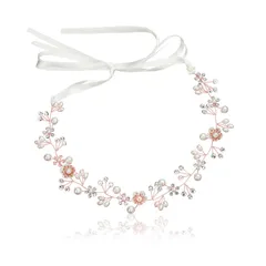 【在庫セール】ホワイト リボン ヘッドドレス クリスタルビーズ 花冠 花かんむり ヘアアクセサリー 結婚式 パール 発表会 披露宴 卒業式 花 パーティー ダンス 和装 髪飾り 撮影 写真 子供 サムコス 大人用 (Aローズゴールド)