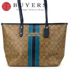 【中古】 コーチ トートバッグ F38405 ヴァ―シティストライプ シグネチャー レザー PVCコーティングキャンバス カーキ ネイビー ブルー ゴールド金具 肩掛け A4対応 カジュアル レディース 女性 COACH