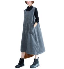 【人気商品】レディース ワンピース 秋冬 コーデュロイ サロペット スカート オーバーオール ジャンパースカート [Ksila] ロング丈 体型カバー 無地 オールインワン 大きいサイズ(XLグレー)