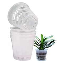 ★即日発送★Orirya プランター 植木鉢 プラスチック スリット鉢 透明 円形 オーキッドポット 観葉植物 多肉植物 鉢植え 穴付き 受け皿付き 胡蝶蘭鉢 育苗ポット 園芸用品 5点セット 11cm