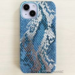 iPhone 13 / 14 ケース スマホ 背面取り付け型 蛇革模様 ヘビ 軽量 ブルー 青色 青 アイフォン