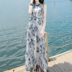 ワンピース ロング丈 マキシ丈 袖なし ノースリーブ Aライン ハイウエスト かわいい 大人可愛い きれいめ シンプル カジュアル 上品 おしゃれ レトロ こなれ感 ラフ ラブリー キュート ガーリー エレガント とろみ感 抜け感 花柄 ボタニカル 春 夏 1