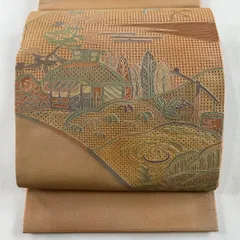 袋帯 名品 紬地 関西仕立て 風景 家屋 汕頭刺繍 銀彩 薄オレンジ お太鼓柄 正絹 【中古】