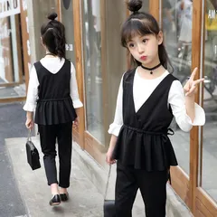 子供スーツ 女の子 セットアップ フォーマル 長袖 入学式 パンツスーツ トップス ズボン ベスト 子供服 ジュニア 大人っぽい 卒業式 結婚式 発表会 演奏会 七五三 春秋 3点セット 上下セット 普段着 ブラック カーキ 子供用 shengwa01