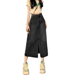 ☆ ブラック ☆ L ☆ デニムスカート レディース ロング フロントスリット おしゃれ デニムスカート ロング ロングスカート スカート デニム ボトムス ミモレ丈 ロング丈 デニムスカート スリット ストレート ひざ下 膝下 シンプル 無地 通勤 通学