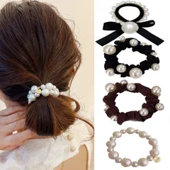 【数量限定】シフォン シュシュ おしゃれ 大人 ヘアロープ ヘアゴム 大人 シュシュ 髪飾り 大きめ 無地 特大 エレガント HAPVITAL サテン シンプル ヘアアクセサリー ヘアアクセサリー (パール4点セット)