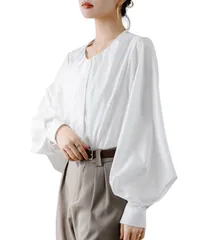 [グリーンパキラ] 在庫限り モード系 レディース ブラウス トップス シャツ 春 夏 秋 パフスリーブ バルーン袖 長袖 丸首 きれいめ 女性 オフィスカジュアル レディース服 春服 秋服 前開き ブラウスシャツ シャツブラウ [ホワイト] [S] [標準]