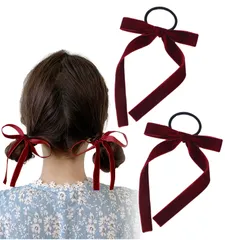 [Herbeluemily] ベロア リボン ヘアアクセ ヘアゴム ヘアアレンジ ヘアセット ベルベット 髪ゴム ヘアゴムタイプ レッド 2個セット [レッド 2個セット] [ヘアゴム タイプ]