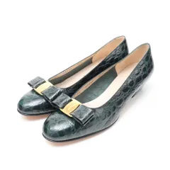 ■美品■Salvatore Ferragamo サルヴァトーレフェラガモ パンプス サイズ7 C ヴァラリボン クロコ型押し チャンキーヒール レザー 靴 ブランド古着【中古】20250627/RA5208