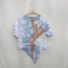 ◇ ⊂ Roxy ロキシー ロゴ刺<!-利用不可文字-!> タイダイ柄 裾結び可能 半袖 Ｔシャツ サイズL ブルー ブラウン系 レディース E  【1502030021943】