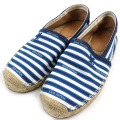 美品△LOUIS VUITTON ルイヴィトン LVロゴ刺繍 ボーダー柄 一部スウェード使い エスパドリーユ フラットシューズ スリッポン ブルー ホワイト 8 イタリア製 メンズ マリンテイスト オススメ◎