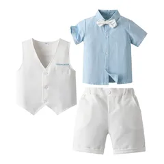 子供服 キッズ フォーマル スーツ 男の子 ベビー服 半袖シャツ+半ズボン+ベスト3点セット 夏 ブリティッシュスタイル タキシード風 卒園式 入園式 七五三 お宮参り 結婚式 入学式 90 100 110 120 130 140cm