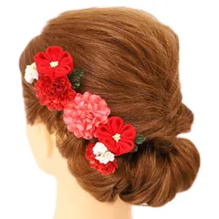 髪飾り 成人式 つまみ細工 赤 振袖 前撮り 袴 浴衣 夏祭り 花火大会 豪華3点セット 白 ちりめん ヘアアクセ かんざし ヘッドド No.9-3657