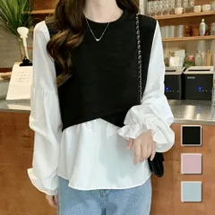 ボリュームスリーブ切り替えブラウス レディース トップス 長袖 春服 夏 秋 10代 20代 30代 韓国ファッション バイカラー 異素材 オフィスカジュアル