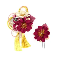 髪飾り 成人式 水引 赤 振袖 前撮り 袴 花 2点セット 花 紫 ワインレッド シャンパンゴールド ちりめん 房 組紐 下がり 玉飾り No.12-0247