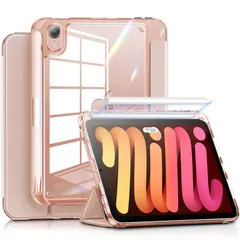 在庫処分 case (8.3 6 inch Mini 2021) iPad iPad Mini 第6世代 Hybrid ケース New ペンシルホルダー付き [ウルトラクリアバック&PUレザーカバー][6 INFILAND FT落下保護]（ローズゴールド）