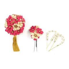髪飾り 成人式 振袖 前撮り 袴 4点セット 花 ピンク 濃いピンク シャンパンゴールド ちりめん 房 房付き パール U型かんざし No.12-0294