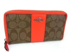 ■美品■ COACH コーチ F54630 シグネチャー PVC×レザー ラウンドファスナー 長財布 ウォレット ブラウン系×オレンジ系 DI9389