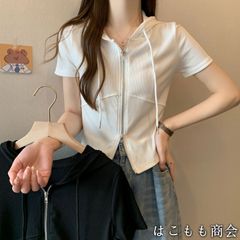 【美品・未使用新品】半袖です☆ジップフード付きスクエアショルダー半袖Tシャツ女性夏スリム薄い短い段落トップス