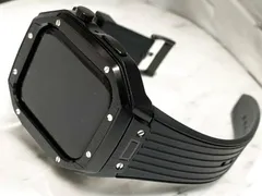 オールブラック　ピンバックル　メタル ラバー カスタム apple watch ケースカバー　45mm 44mm用 ベルト　バンド　アップルウォッチ