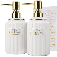 数量限定 SOOKDEO ソープディスペンサー - 400mlセラミックボトル、ゴールドポンプ＆防水ラベル付き、シャンプー、ハンドソープ、ディッシュソープ、ローション、ボディウォッシュ用 - バスルーム、キッチン、リビングルームに最適、2個セット (ホワイト)