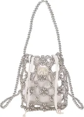 Lapimou パーティーバッグ ビーズバッグ パールバッグ ショルダーバッグ ハンドバッグ ミニ 小さめ レディース 結婚式 浴衣 和装 成人式 袴(シルバー)