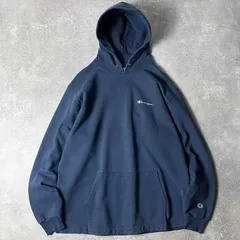90s Champion ロゴ刺繍 スウェット フード パーカー XL / 90年代 チャンピオン オールド トレーナー スクリプト ネイビー