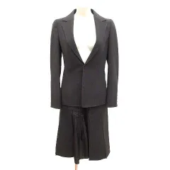 ボディドレッシングデラックス BODY DRESSING Deluxe スーツ 上下 テーラードジャケット シングル 総裏地 台形スカート ひざ丈 切替 サテン タック ウール カシミヤ混 9 こげ茶 ダークブラウン /CTのサムネイル