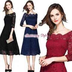 即納 ドレスワンピース S-4L ネイビー 黒 赤 レース 秋 LM-81256