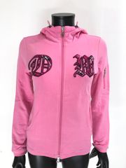 【USED】DANCE WITH DRAGON ダンスウィズドラゴン 綿 レーヨン ダブルジップ 長袖 パーカー ロゴ刺繍 スパンコール ピンク レディース 2 M ゴルフウェア