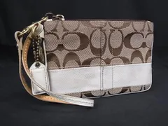 COACH コーチ  40028 シグネチャー キャンバス×レザー ポーチ 小物入れ マルチケース リストレット ブラウン系×ホワイト系 DJ1277