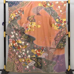 振袖 ７点セット かすみ 吉祥花文 本金箔 たたき染め 京友禅 洗朱 さんご色 梅ねずみ色 水浅葱色 本金箔 袋帯 芯 丸紋 正絹 長襦袢 高級品 朽葉色 絞り文様 正絹小物 総絞り帯揚げ ポリちりめん刺繍半衿 160cm 7-11号 (10-04-3)