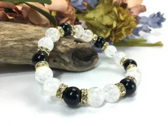 クラック水晶×オニキス パワーストーン ブレスレット 天然石ブレス (ロンデル： ゴールド) 10mm メンズ・レディース △