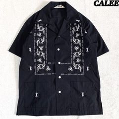 CALEE キューバシャツ メキシカンシャツ ワークシャツ オープンカラー 開襟 刺繍 裾ポケット ショートスリーブ 半袖 Mサイズ ブラック 黒 キャリー