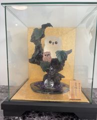 美品　天然水晶工芸品「招福 福ふくろう」福が来る福を呼ぶ　日本伝統工芸正会員　一級宝石研磨士　３代目章玉作　エクセルヒューマン社購入　限定品　アメシスト　ローズクォーツ　縁起物　運気上昇