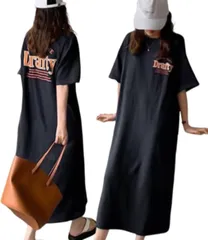 2XL_ブラック [J.STORE] カレッジロゴ カットソー 半袖 シャツワンピ ゆったり マキシ丈 ロング 大きなサイズ ビックサイズ 可愛い カワイイ ワンピース 春 無地 お洒落 シンプル マタニティ 韓国 かわいい オシャレ ストレッチ 可愛いワンピ