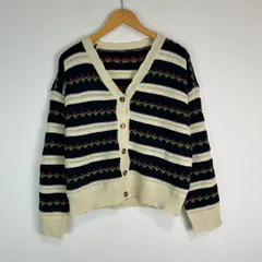花柄刺繍 ボーダー柄 カーディガン ニット セーター レトロ  古着 レディース FREEサイズ ゆるだぼ ベージュ 黒 ブラック