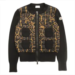 美品 2018年 モンクレール MONCLER レオパード ダウン カーディガン ジャケット マリオーネトリコアラコリアナ MAGLIONE TRICOT ALLA COREANA ブルゾン ニット 切替 ヒョウ柄 XS 黒 ブラック レディース