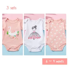 ベビー♥　スワン＆ガールプリント半袖ロンパース3点セット　6-9months