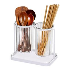 箸立て水切りおしゃれ箸水切り箸 フォークツール立て水切り キッチン箸立てプラスチック製 キッチン用品ツール立て キッチン カトラリー スタンド 箸収納管透明 (プラスチック製-ダブル箸立て)