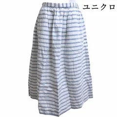 ユニクロ×イネス  レディース  リネンスカート  膝下  ウエストゴム 白 青 ボーダー ホワイト ブルー S  夏